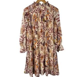 Illa Illa Floral Puff Sleeve Pleated High Neck Tunic Mini Dress Multi Size XS